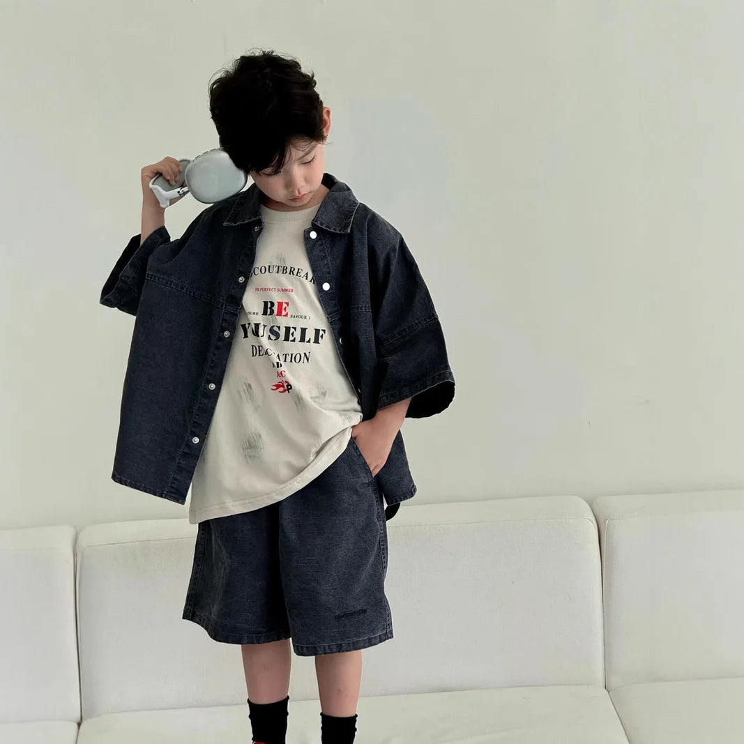 Boys' Summer Shirt Set 2025 New SummerSmall and Medium sized Children Boys' Summer Short sleeved Shirt Top