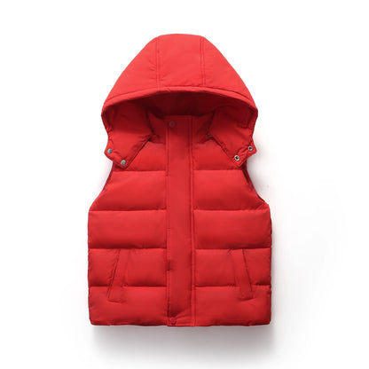 Winter Warm Baby and Girls Boys Cotton Lined Plain Hooded Zip Puff Vest Jackets Child Waistcoat School Kids Outfit Tops 3-12 Yr