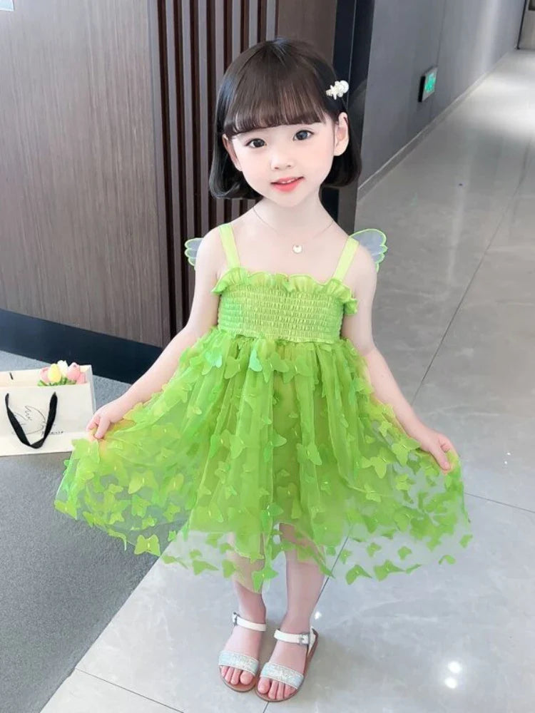 Fairy Girl Glitter Butterfly Wings Dress Summer New Kids Green Sling Princess Dresses Party Girls Costume