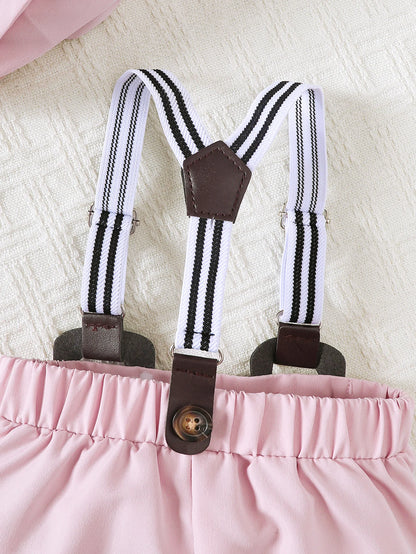 Summer  0-1 Years Old  Infant  Baby   Boys  Printed  Short-Sleeved  Top  And  Strap  Shorts    3-Piece  Set   With  Hat