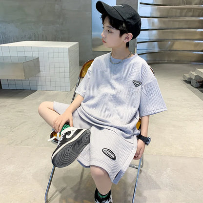 Fashion Boys Summer Sets 2024 New Teenager Casual Outfits Children Trends Clothes Suits Kids Short Sleeves Tops+Baggy Pants 2Pcs