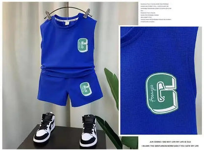 Kids Boys Summer Vest Set New Fashionable Baby Net Red Clothes Boys and Children's Fashion Two Piece Set Kids Outfits