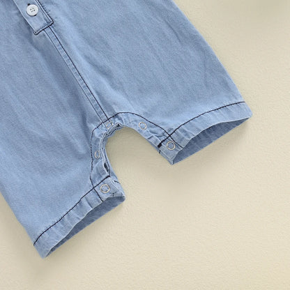 Baby Boys Summer Denim Romper Short Sleeve Lapel Button Down Jumpsuit with One Pocket