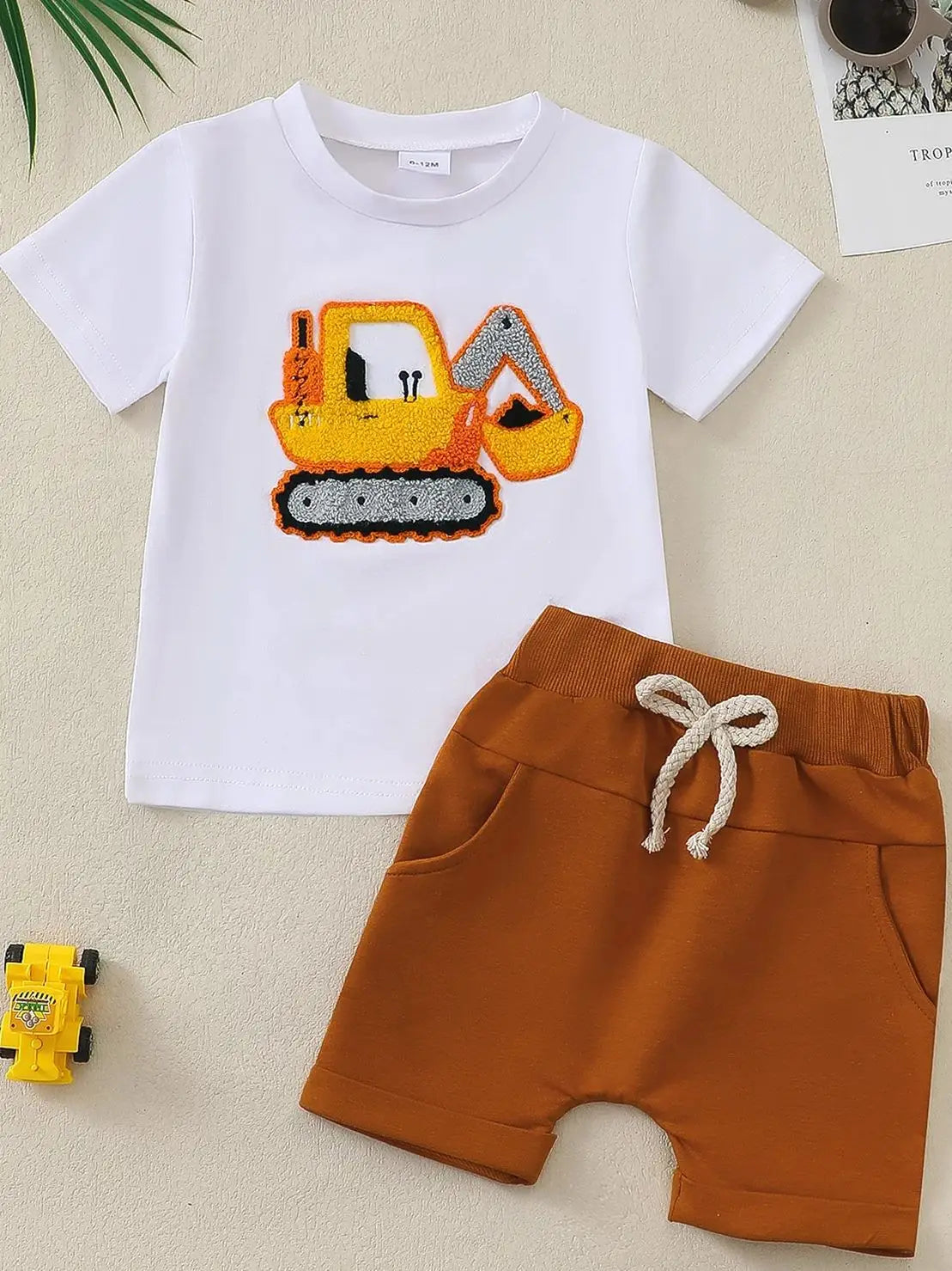 Baby Boys Summer Short Sleeve Outfit with Small Excavator Pattern Infant Toddler Clothing Set