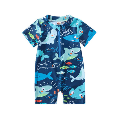 Baby Boys Summer Swimsuit Shark Printed Short Sleeve Zipper Jumpsuit Swimwear Children Casual Bathing Beachwear