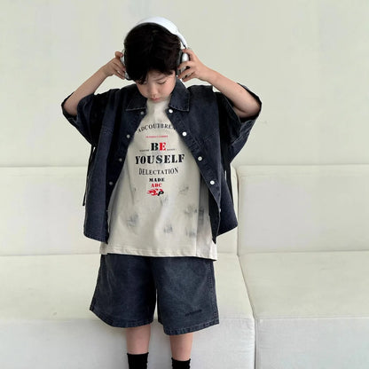 Boys' Summer Shirt Set 2025 New SummerSmall and Medium sized Children Boys' Summer Short sleeved Shirt Top