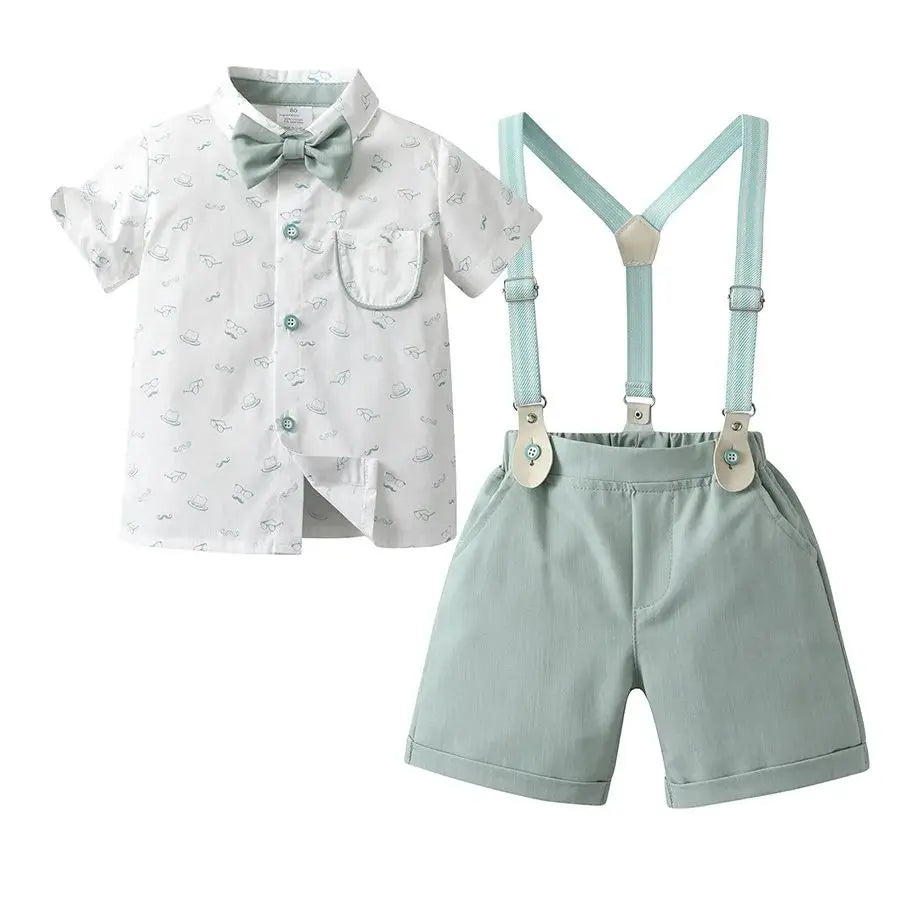 1-6Y Summer  Baby Boys Formal Costume Short Sleeve Bow Tie T-Shirt+Suspender Shorts Wedding Parties Festivals Gentleman Clothing
