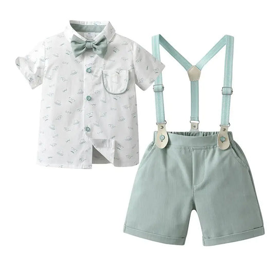 1-6Y Summer  Baby Boys Formal Costume Short Sleeve Bow Tie T-Shirt+Suspender Shorts Wedding Parties Festivals Gentleman Clothing