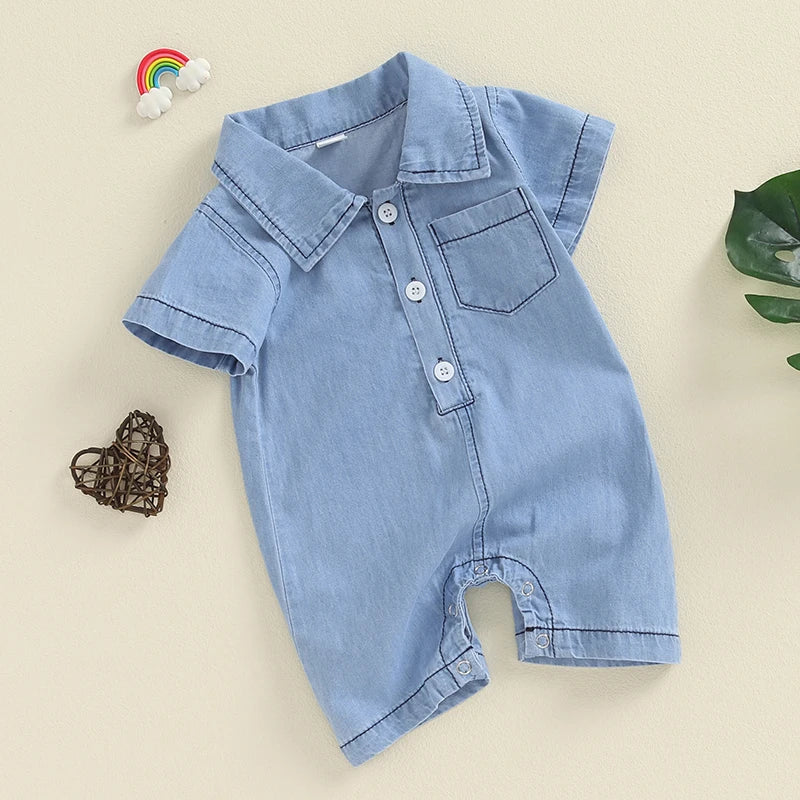 Baby Boys Summer Denim Romper Short Sleeve Lapel Button Down Jumpsuit with One Pocket