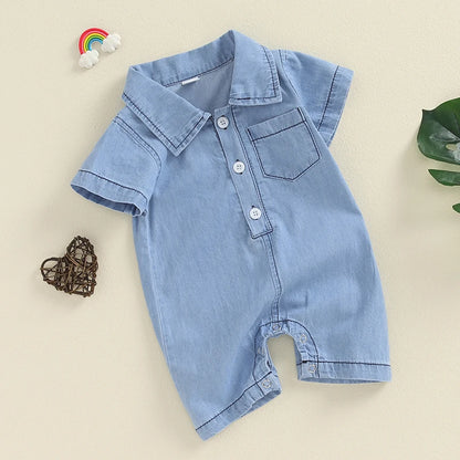 Baby Boys Summer Denim Romper Short Sleeve Lapel Button Down Jumpsuit with One Pocket