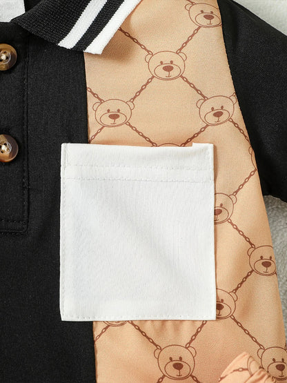 2pcs Boys Summer Patchwork Turn-down CollarT-shirt & Shorts Set For (6M-2Y)  Daily Streetwear