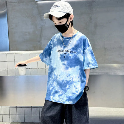 Summer Boys T Shirts Fashion Print Short Sleeve Tee Tops for Kids Cotton Tshirt Tie-Dye Casual Streetwear Teenager Outerwear