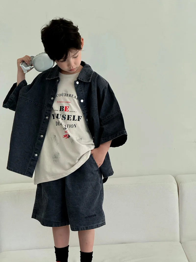 Boys' Summer Shirt Set 2025 New SummerSmall and Medium sized Children Boys' Summer Short sleeved Shirt Top