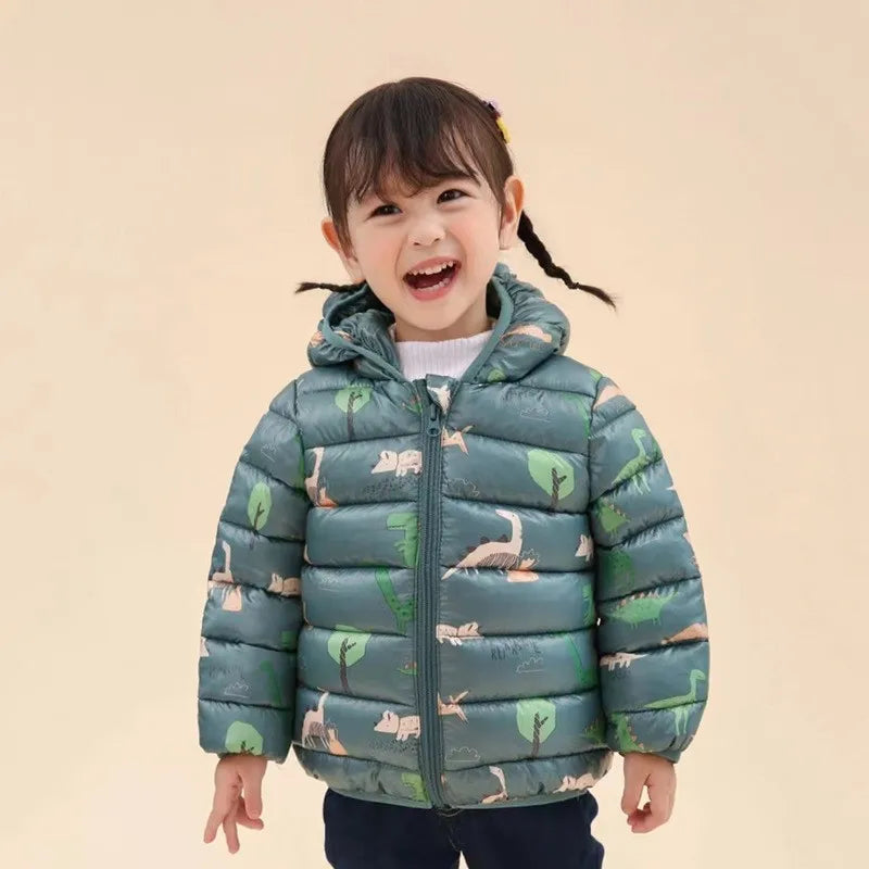 Kids Boy Lightweight Down Jacket Girl Baby Cartoon Dinosaur Outerwear Hooded Coat Autumn Winter Clothes Christmas Birthday Gifts