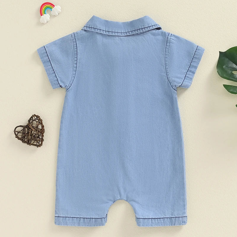 Baby Boys Summer Denim Romper Short Sleeve Lapel Button Down Jumpsuit with One Pocket