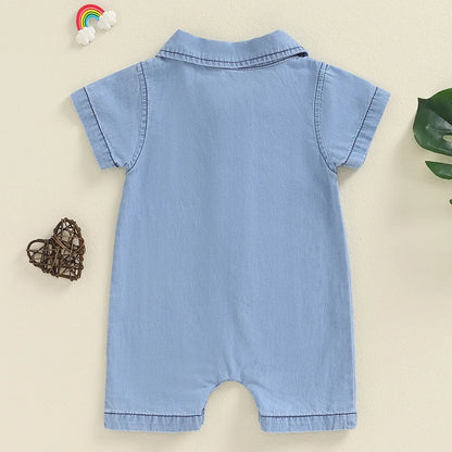 Baby Boys Summer Denim Romper Short Sleeve Lapel Button Down Jumpsuit with One Pocket