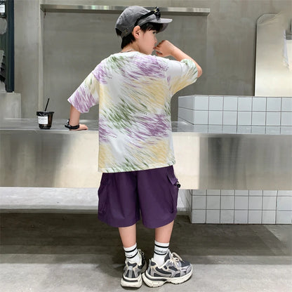 Summer  Boys Shorts Short Sleeve Shorts Handsome High Quality Leisure Sports Simple Two-piece Set.4-16year