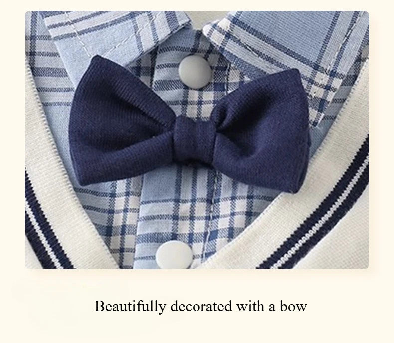 Boys Summer Short-sleeved  Jumpsuit Clothes Baby Fake Two-piece College Style Onesie  Babe Cute Dog Label Romper Fashion Outwear