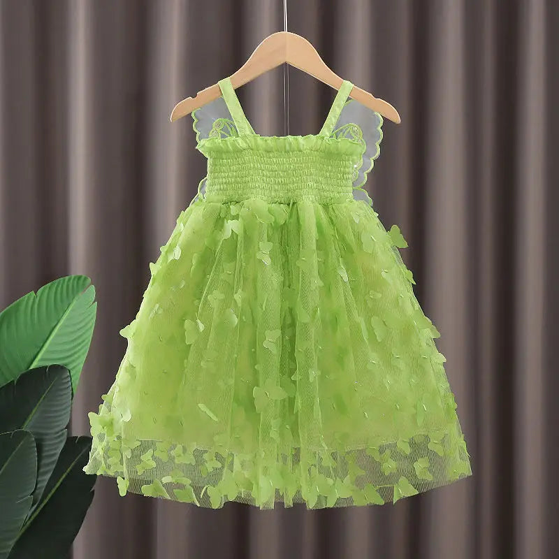 Fairy Girl Glitter Butterfly Wings Dress Summer New Kids Green Sling Princess Dresses Party Girls Costume