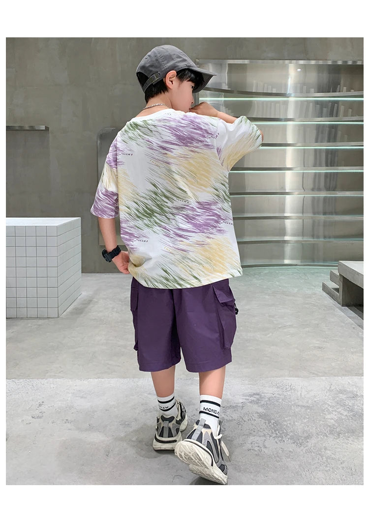 Summer  Boys Shorts Short Sleeve Shorts Handsome High Quality Leisure Sports Simple Two-piece Set.4-16year