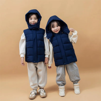 Winter Warm Baby and Girls Boys Cotton Lined Plain Hooded Zip Puff Vest Jackets Child Waistcoat School Kids Outfit Tops 3-12 Yr