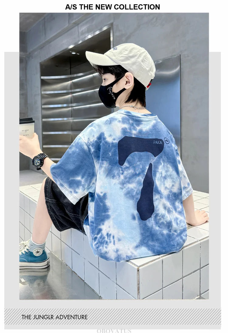 Summer Boys T Shirts Fashion Print Short Sleeve Tee Tops for Kids Cotton Tshirt Tie-Dye Casual Streetwear Teenager Outerwear