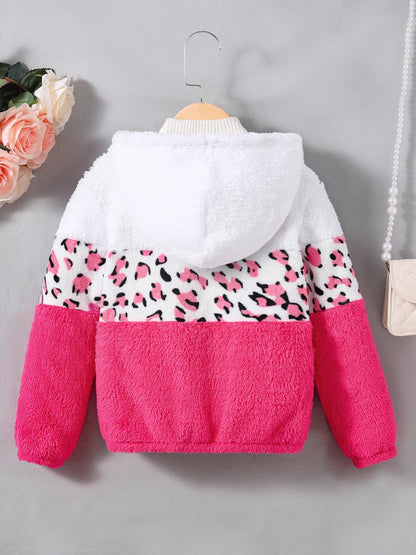 Girls' winter coral fleece leopard print color-blocked hooded jacket. Winter casual jacket.