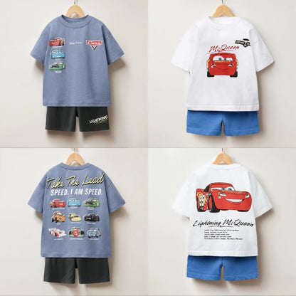 Summer Clothes Children Cartoon Car Print T-shirt+shorts Boys Child Round Neck Tees Loose Simple Shorts Trendy Costume Suit