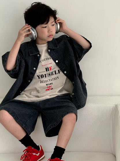 Boys' Summer Shirt Set 2025 New SummerSmall and Medium sized Children Boys' Summer Short sleeved Shirt Top