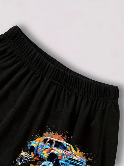 2 Piece Car Print Short Sleeve Suit, Suitable For Boys Summer Wear