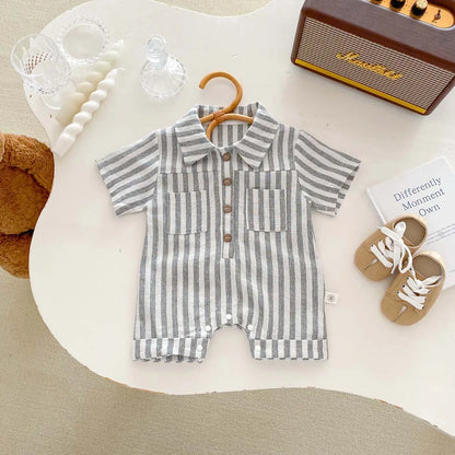 Baby Boys Rompers Striped Jumpsuits Turn Down Collar Toddler Boys Summer Clothing