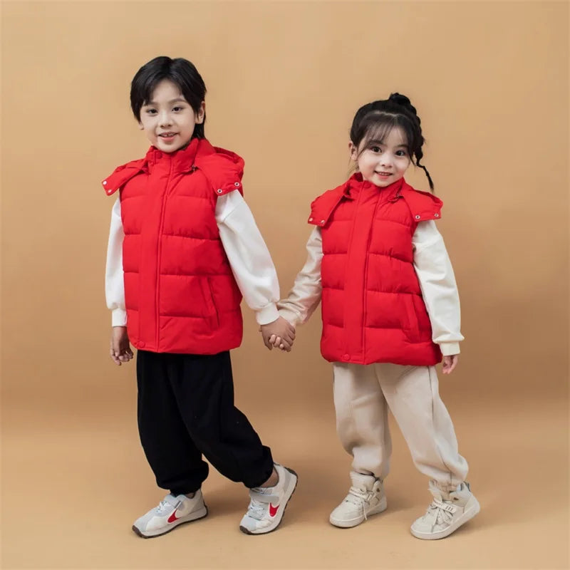 Winter Warm Baby and Girls Boys Cotton Lined Plain Hooded Zip Puff Vest Jackets Child Waistcoat School Kids Outfit Tops 3-12 Yr