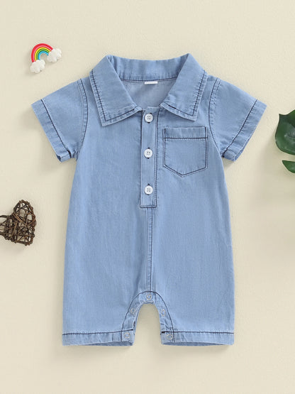 Baby Boys Summer Denim Romper Short Sleeve Lapel Button Down Jumpsuit with One Pocket