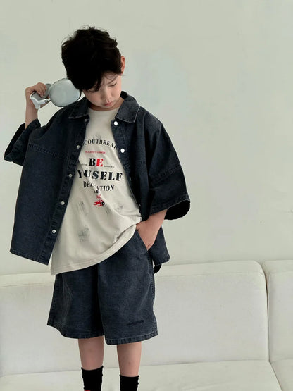 Boys' Summer Shirt Set 2025 New SummerSmall and Medium sized Children Boys' Summer Short sleeved Shirt Top
