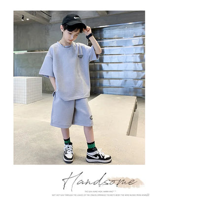 Fashion Boys Summer Sets 2024 New Teenager Casual Outfits Children Trends Clothes Suits Kids Short Sleeves Tops+Baggy Pants 2Pcs