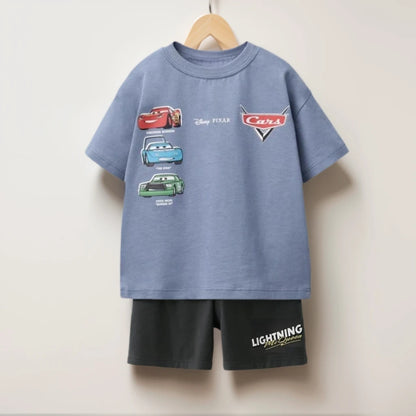 Summer Clothes Children Cartoon Car Print T-shirt+shorts Boys Child Round Neck Tees Loose Simple Shorts Trendy Costume Suit