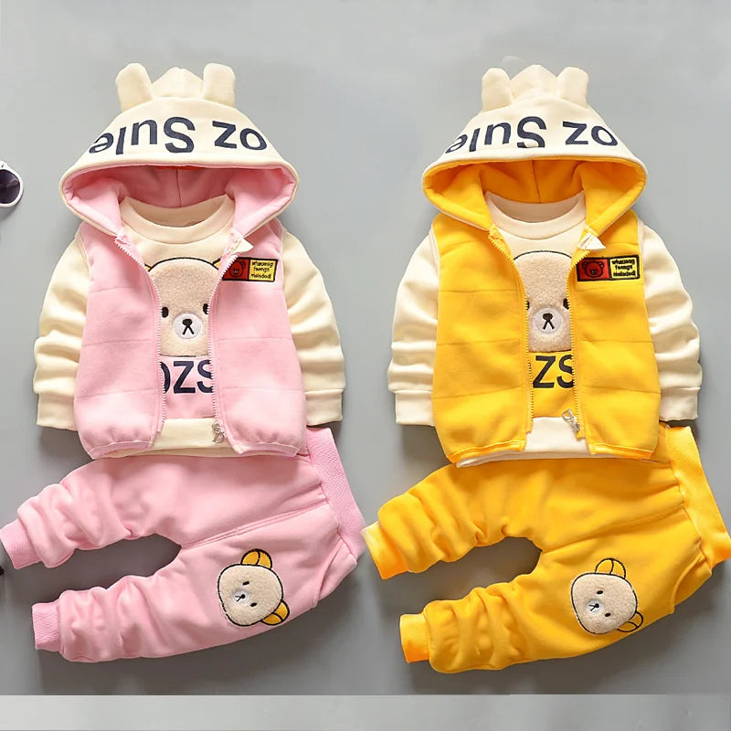 New Fleece Clothing Sets Spring Winter Boys Girls Plus Velvet Thick Warm Suits Baby Padded Homewear 3Pcs Children Outfits