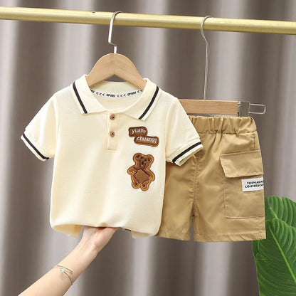 Boys Summer Clothing Children's Short Sleeved Set New Children's And Boys Baby Striped Polo Shirt Two-Piece Set