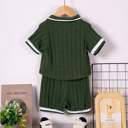 Boys' summer short-sleeved shorts set with British style collar and ribbed set for daily wear or going out