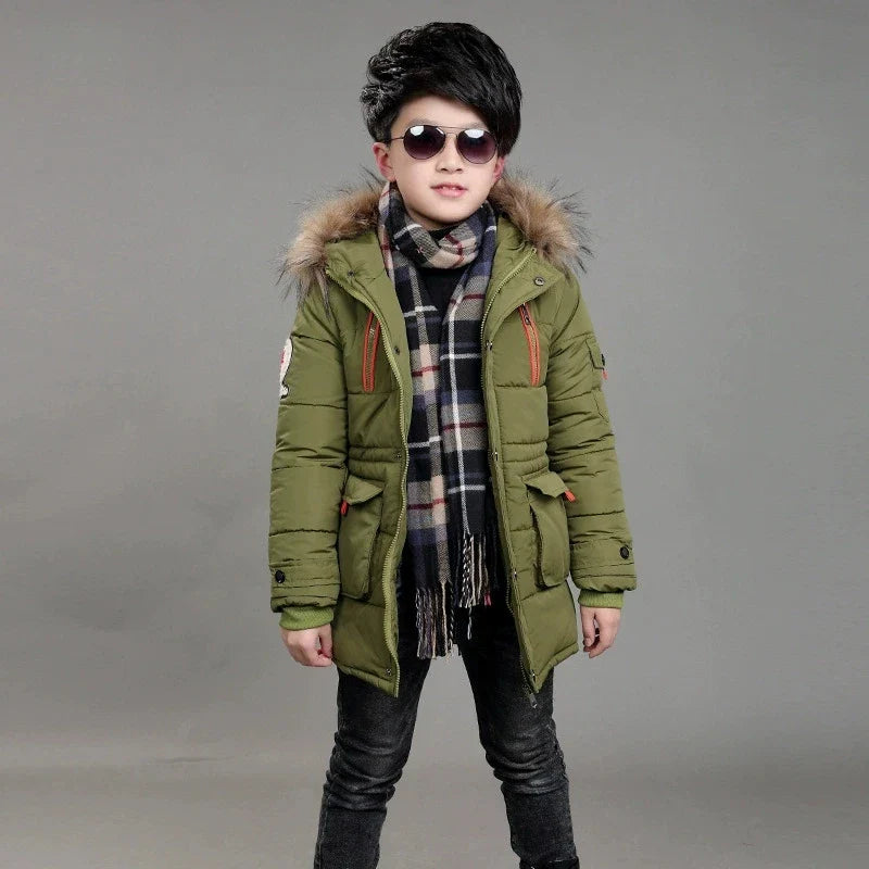 5-14 Years Big Boys Jacket Winter Thicken Warm Teenager Kids Jacket Fashion Long Style Zipper Hooded Children Outerwear Clothing
