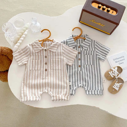 Baby Boys Rompers Striped Jumpsuits Turn Down Collar Toddler Boys Summer Clothing