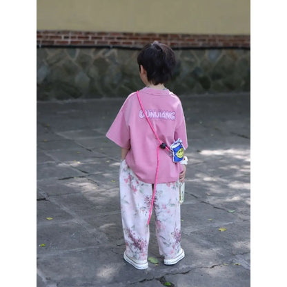 Boys Set Summer Outfit 2025 New Cute Pink T-shirt+ Floral Long Pants Children's Short Sleeved Handsome Pants Two-piece Set