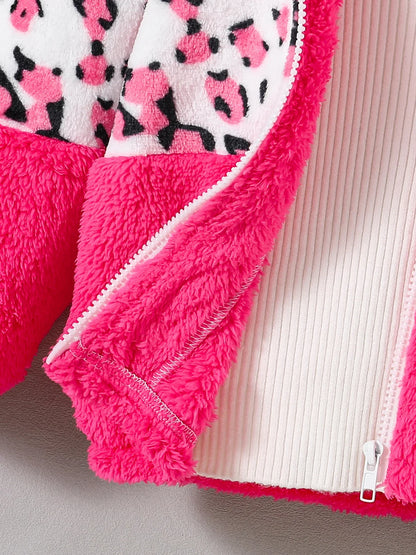 Girls' winter coral fleece leopard print color-blocked hooded jacket. Winter casual jacket.