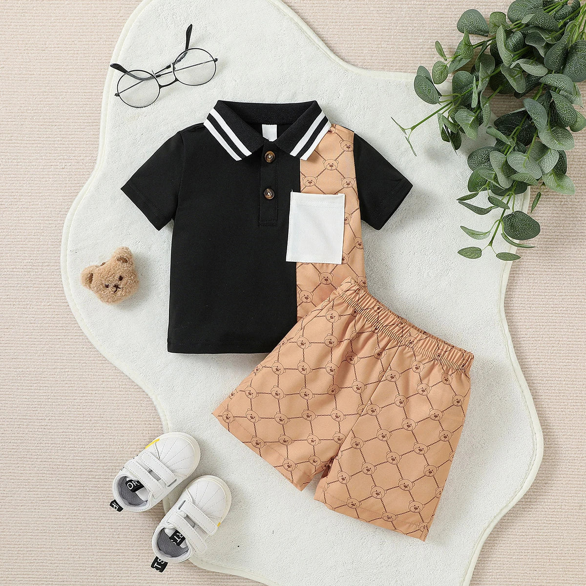 2pcs Boys Summer Patchwork Turn-down CollarT-shirt & Shorts Set For (6M-2Y)  Daily Streetwear