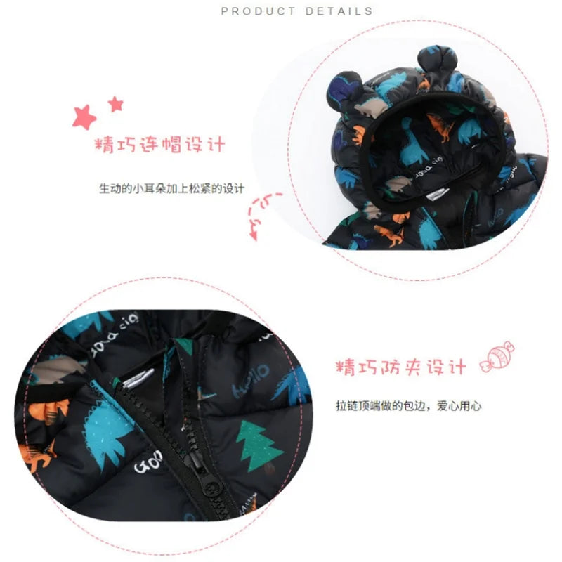 Kids Boy Lightweight Down Jacket Girl Baby Cartoon Dinosaur Outerwear Hooded Coat Autumn Winter Clothes Christmas Birthday Gifts