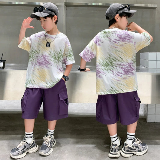 Summer  Boys Shorts Short Sleeve Shorts Handsome High Quality Leisure Sports Simple Two-piece Set.4-16year