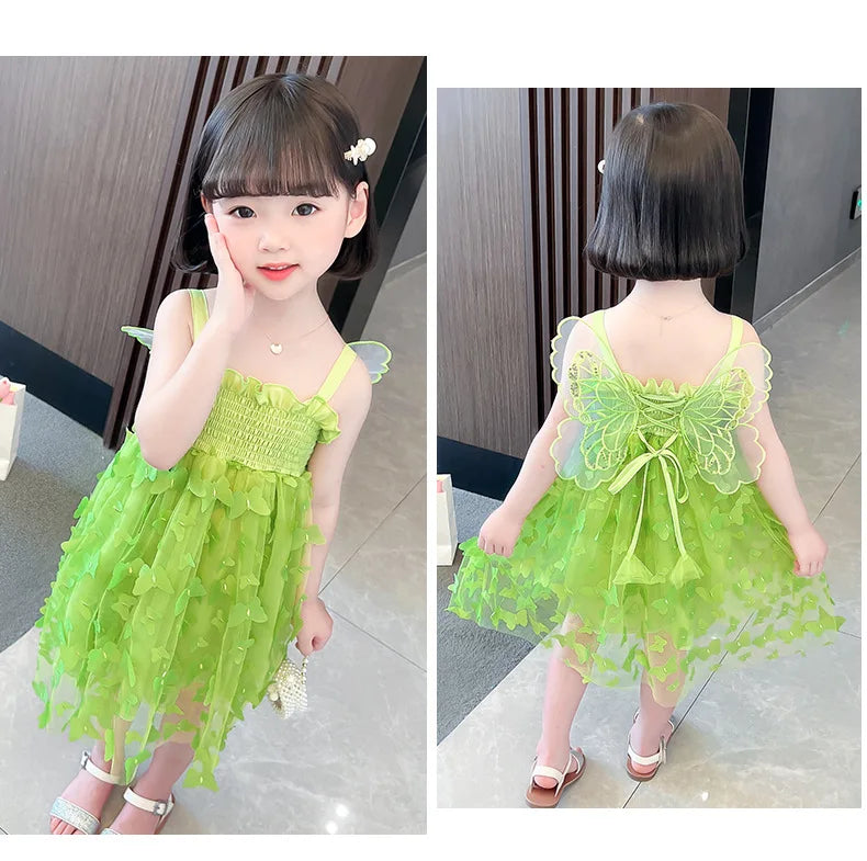 Fairy Girl Glitter Butterfly Wings Dress Summer New Kids Green Sling Princess Dresses Party Girls Costume