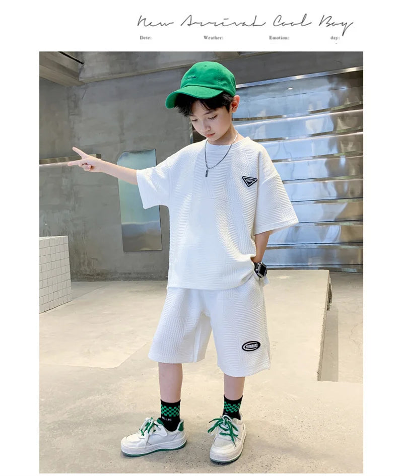 Fashion Boys Summer Sets 2024 New Teenager Casual Outfits Children Trends Clothes Suits Kids Short Sleeves Tops+Baggy Pants 2Pcs