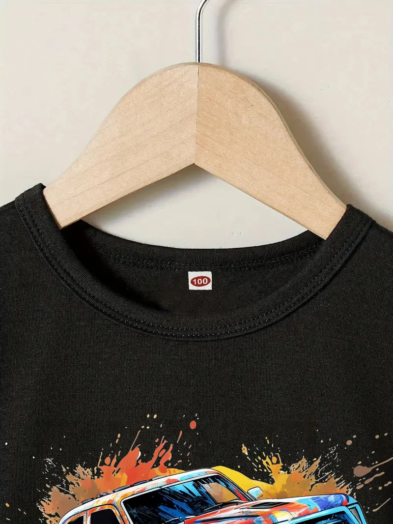 2 Piece Car Print Short Sleeve Suit, Suitable For Boys Summer Wear