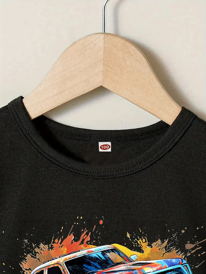 2 Piece Car Print Short Sleeve Suit, Suitable For Boys Summer Wear